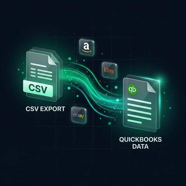 CSV to QuickBooks conversion flow — Amazon, Etsy, eBay reports transform into QuickBooks-ready data
